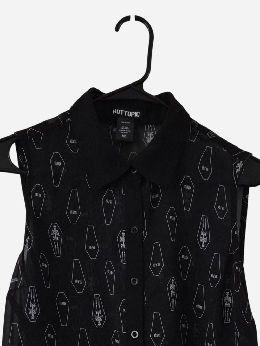 Hot Topic Black Sleeveless Button Down Shirt with White Coffin & Skeleton Print